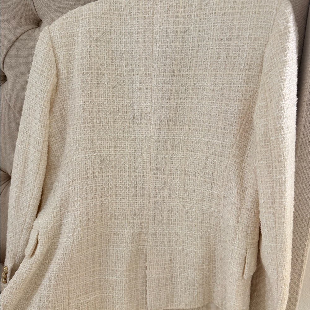 Zara Cream Tweed Double Breasted Blazer Gold Buttons Size L